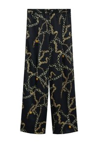 Pantalons larges noirs avec un motif de chaîne dorée, taille élastique et boutons décoratifs. Fabriqués en tissu léger avec une texture lisse.