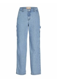 Pantalones cargo de denim azul claro con cintura alta, diseño de pierna recta, bolsillos laterales y detalles de costura visibles. Cierre de botón en la cintura.
