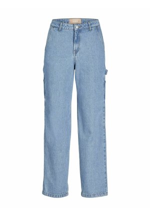 Pantalons cargo en denim bleu clair avec taille haute, coupe droite, poches latérales et détails de couture visibles. Fermeture à bouton à la taille.