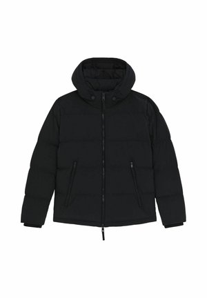 Fekete puffertakó kapucnival, elülső cipzárral és két oldalsó cipzáras zsebbel. Simaszerkezet és steppelt dizájn.