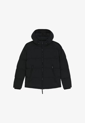 Sort puffersjakke med hætte, med lynlås foran og to sidelommer med lynlås. Glat tekstur og quiltet design.