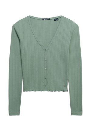 Cardigan court à manches longues côtelé vert clair avec col en V et cinq boutons sur le devant, étiquette de marque Superdry au niveau de l'encolure.