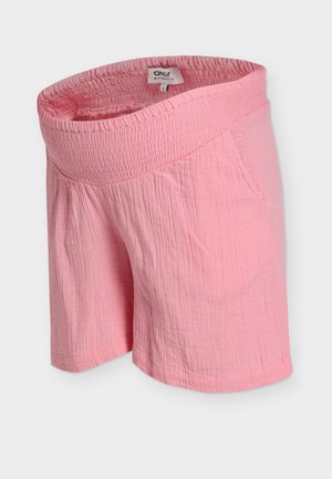 Lyserøde teksturerede graviditetsshorts med bredt smockbånd og sidelommer, størrelse lille, foldet ved kanten.