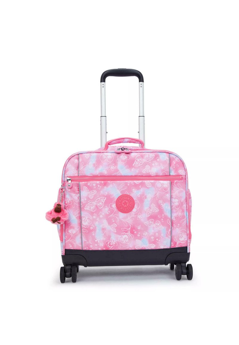 Rosa rullväska med blommönster, utrustad med ett handtag högst upp, utdragbart handtag, dragkedjeöppning och svarta hjul. Nyckelring-accessoar ingår.