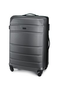 Maleta grande de concha dura color gris oscuro con cuatro ruedas giratorias, asas laterales y superiores, y un logotipo de la marca en el centro del frente.