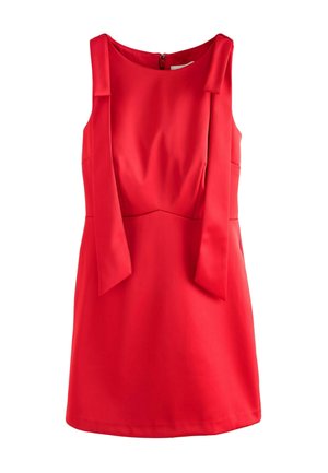 Rotes ärmelloses Kleid mit gebundenen Akzenten, Rundhalsausschnitt und taillierter Silhouette. Aus glattem Stoff gefertigt, verfügt es über einen Reißverschluss auf der Rückseite.