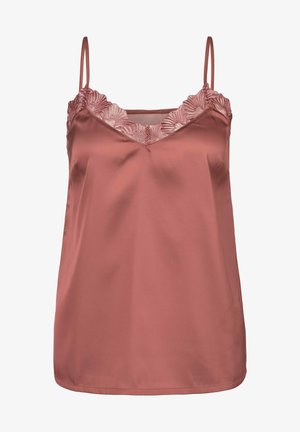 Camisola de satén en rosa suave con tirantes ajustables y un borde de encaje a lo largo del escote en V. Textura lisa, ajuste relajado y sin adornos adicionales.