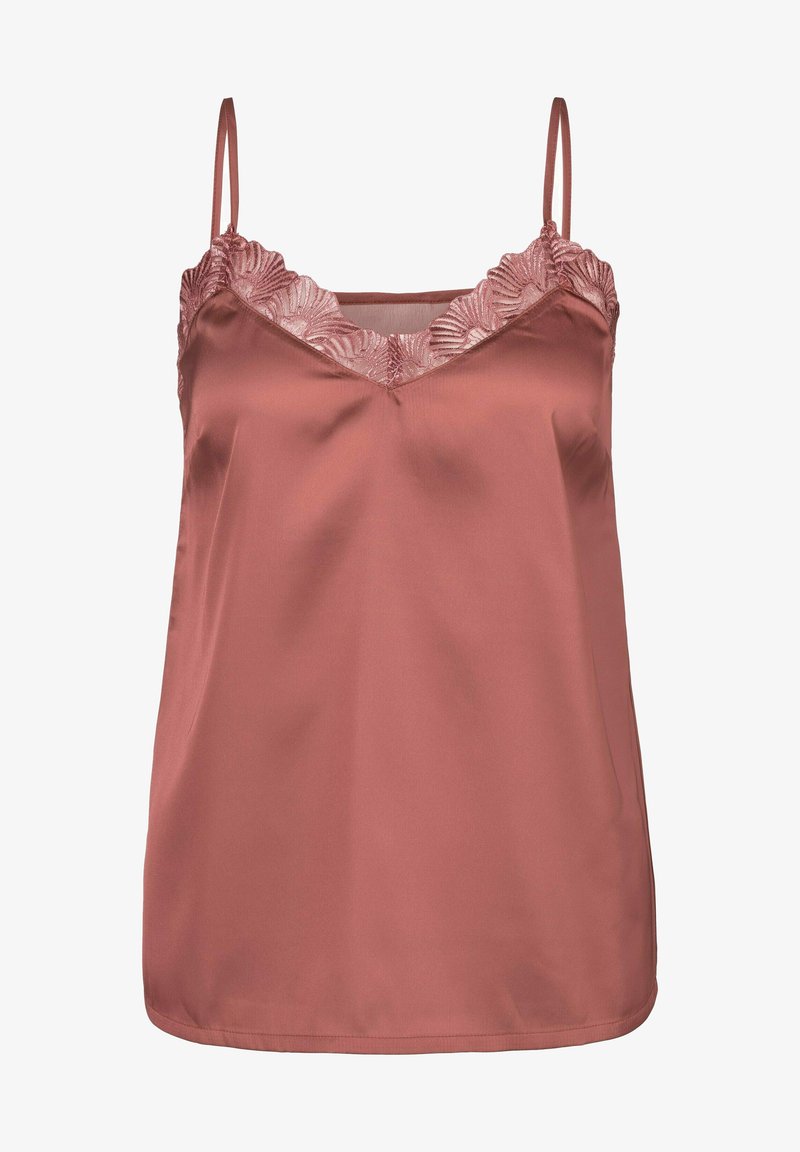 Caraco en satin rose poudré avec bretelles ajustables et bordure en dentelle le long du décolleté en V. Texture lisse, coupe décontractée, sans ornements supplémentaires.