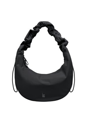 Black crescent-shaped shoulder bag with scrunched strap and drawstring details, small white "GOT BAG" logo at bottom center.