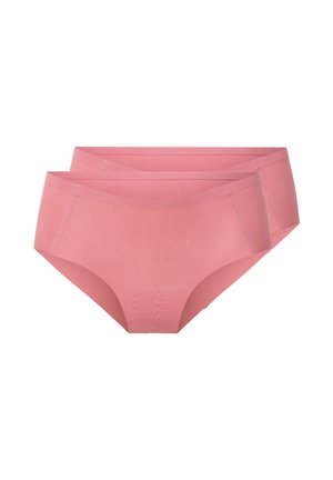 To sømløse pink dame hipster trusser med brede linninger, vist mod en hvid baggrund.