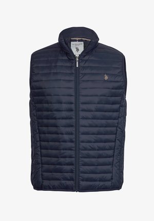 Navy blue puffer vest with quilted pattern, high collar, and front zipper. Features side pockets and a small logo on the chest.