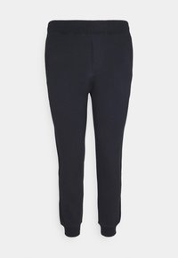 Námořnické tepláky s elastickým pasem a manžetami, které mají hladkou texturu a přiléhavou siluetu. Bez viditelných vzorů nebo kovových doplňků.