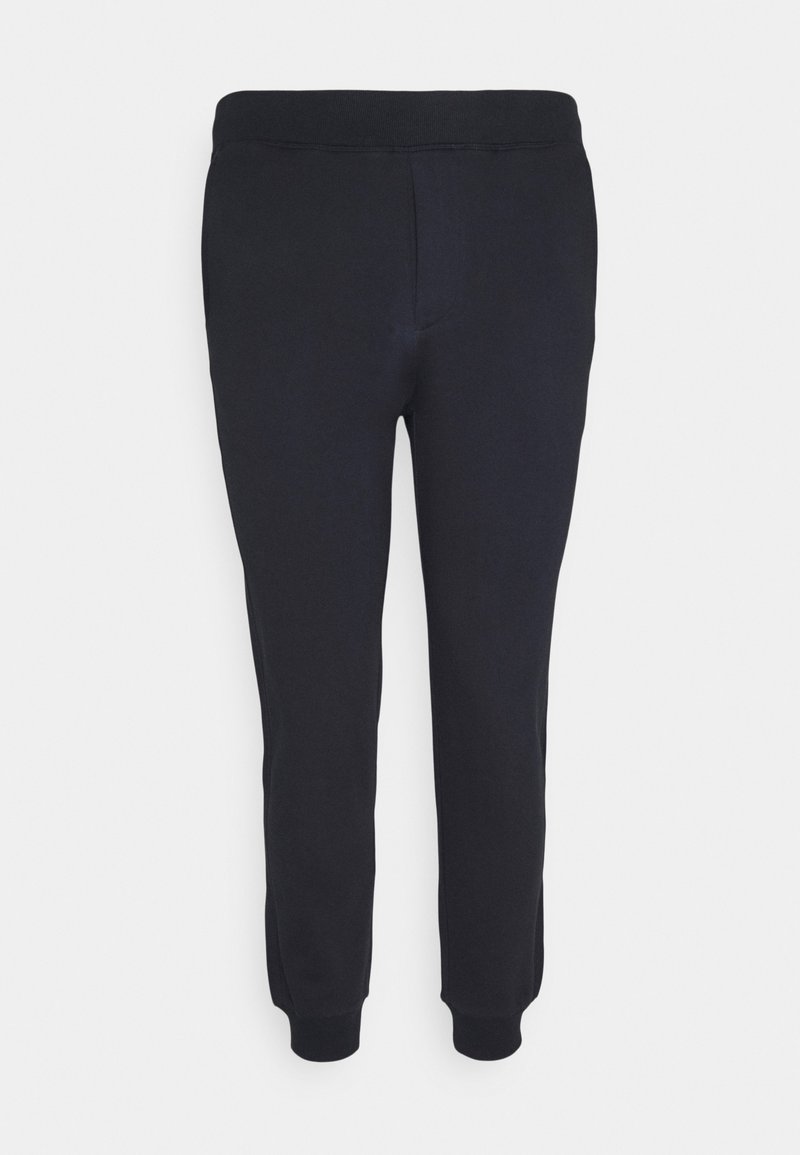 Mörkblå sweatpants med elastisk midja och ärmslut, med en slät textur och en figurnära siluett. Inga synliga mönster eller detaljer.