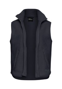 Dunkelgraue Fleece-Weste mit hohem Kragen, Reißverschlusstaschen an den Seiten und strukturiertem Stoff. Ohne Ärmel. Vorderer durchgehender Reißverschluss.