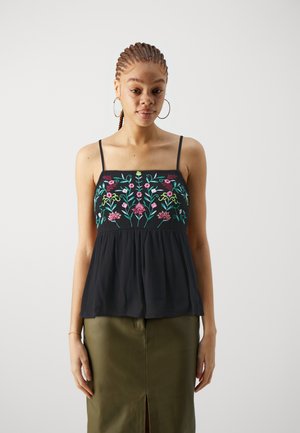 Schwarzes ärmelloses Top mit buntem Blumenstickerei an der Vorderseite, das ein plissiertes Design aufweist, das sich an der Taille ausweitet.