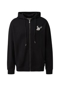 Schwarze Reißverschluss-Hoodie aus Baumwoll-Mischgewebe. Mit verstellbarem Kapuzenzug, Vorderentaschen und gesticktem Logo auf der Brust.