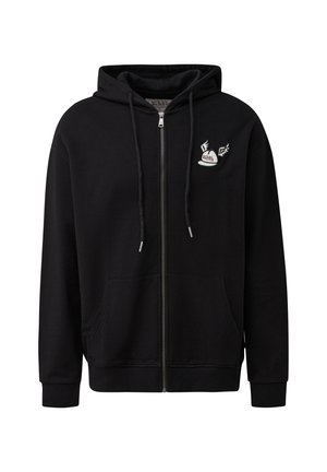 Sudadera con cremallera negra hecha de una mezcla de algodón. Cuenta con capucha con cordón, bolsillos frontales y un logo bordado en el pecho.