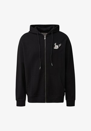 Sudadera con cremallera negra hecha de una mezcla de algodón. Cuenta con capucha con cordón, bolsillos frontales y un logo bordado en el pecho.