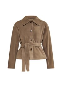 Bruine suede jas met een kraag, peplumontwerp, lange mouwen, knopen aan de voorkant en een bijpassende riem in de taille. Zachte textuur, gladde afwerking.