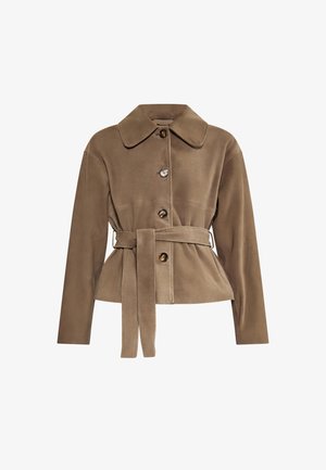 Brown suede jacket with a collar, peplum design, long sleeves, front buttons, and a matching belt at the waist. Soft texture, smooth finish.