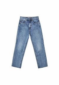 Siniset korkeavyötäröiset suorat farkut, joissa on viisi taskua ja nappikiinnitys, ja joissa on hienovaraista haalistumista reisissä ja polvissa.