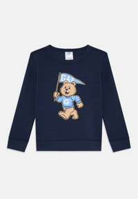 Marineblaue Sweatshirt aus Baumwollmischung, mit einem Bärencharakter, der eine blaue Flagge mit dem in Hellblau aufgedruckten Text "GAP" hält.