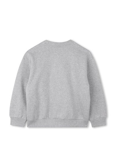 Sweatshirt gris à col rond, avec des poignets et un ourlet côtelés. Fabriqué en tissu doux, présentant une texture lisse et une couleur uniforme.