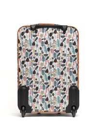 Hard-shell suitcase with a colorful floral and foliage pattern, a tan frame, black wheels, and a retractable handle.