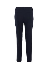 Marineblauwe formele broek met achterzakken en lussen voor een riem, gezien van achteren op een witte achtergrond.