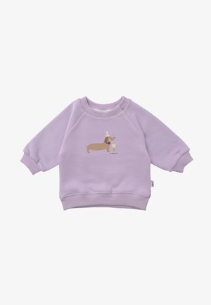 Lilac sweatshirt with ribbed cuffs and hem, featuring a cartoon dachshund and ice cream graphic on the front. Soft, cozy fabric.