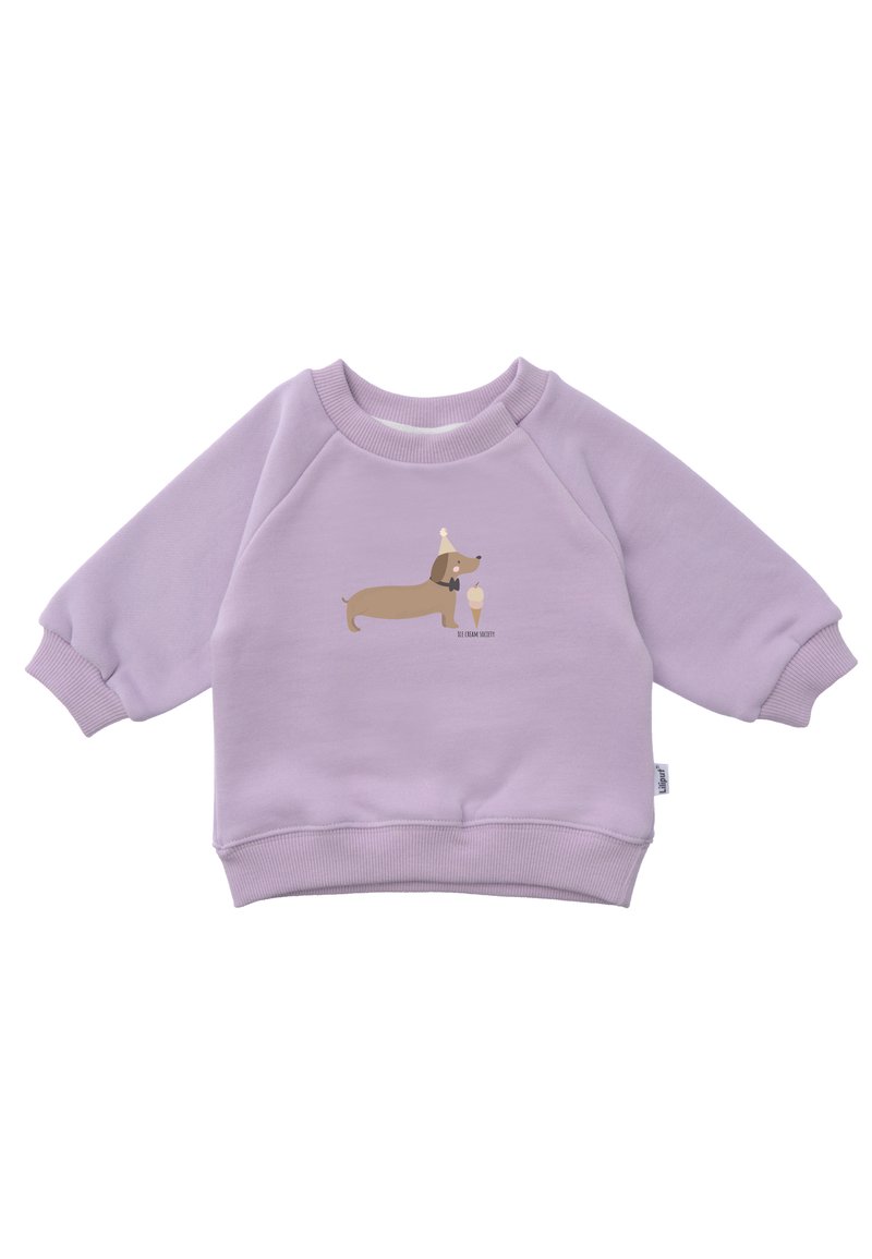 Lilac sweatshirt with ribbed cuffs and hem, featuring a cartoon dachshund and ice cream graphic on the front. Soft, cozy fabric.