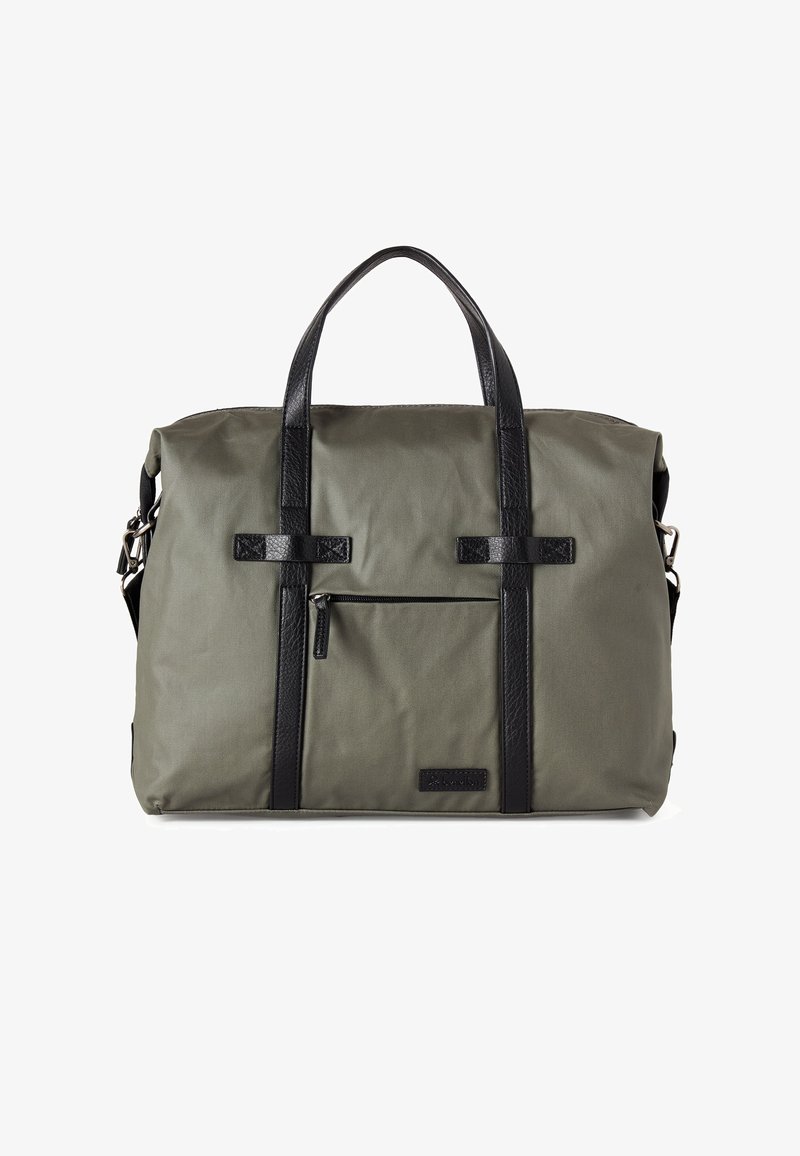 Borsa in tessuto verde olivastro con dettagli in pelle nera, doppi manici superiori, tracolla regolabile e tasca frontale con zip. Materiali testurizzati.