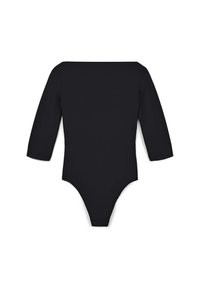 Body a maniche lunghe nere con design off-the-shoulder, texture liscia e aperture per le gambe alte, con effetto brasiliano sul retro.