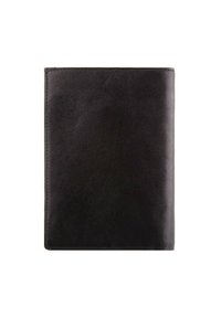 Portafoglio per passaporto in pelle nera con una texture liscia, forma rettangolare e bordo cucito. Design semplice senza ulteriori decorazioni.