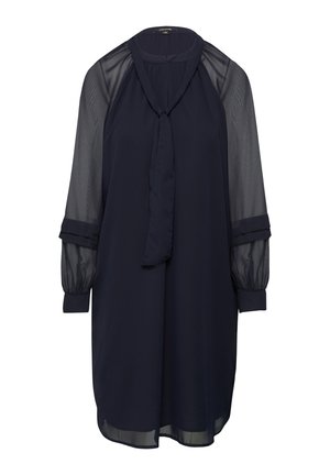 Marineblaue Bluse mit Bindekragen, transparenten langen Ärmeln mit Manschetten und legerem Schnitt. Hergestellt aus leichtem, fließendem Stoff.