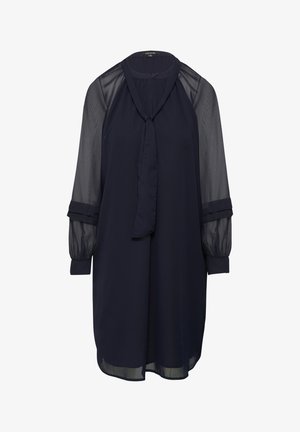 Marineblauwe blouse met een striknek, doorschijnende lange mouwen met manchetten en een comfortabele pasvorm. Gemaakt van lichtgewicht, vloeiende stof.