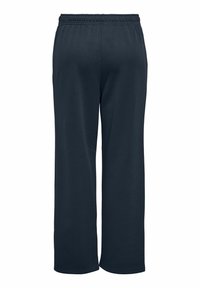 Navyblauwe stretchbroek met een elastische tailleband, voorzien van een recht model en een gladde textuur, geschikt voor casual gebruik.