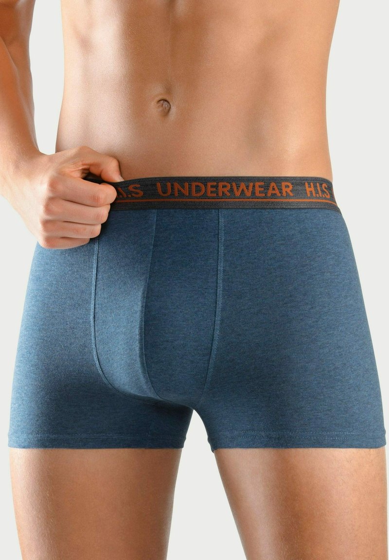 Blue cotton boxer shorts with a dark waistband featuring "H.I.S. UNDERWEAR" in orange lettering, smooth texture and fitted design.