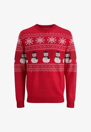 Red knit sweater featuring snowman and snowflake patterns, ribbed cuffs and hem, with a classic round neckline and textured design elements.