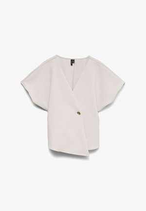Lys grå omslagsbluse med brede korte ærmer, en enkelt guldfarvet knaplukning og en blød, glat stofstruktur.