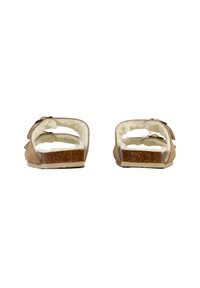Sandales à glissière en suède marron avec une douce doublure en fleece blanc et une semelle en liège, présentant un design de bride simple et une couleur neutre.