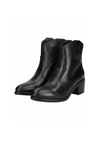 Bottines en cuir noir avec un bout pointu, des zips sur le côté, et des coutures discrètes inspirées du style western. Talon carré et texture lisse.