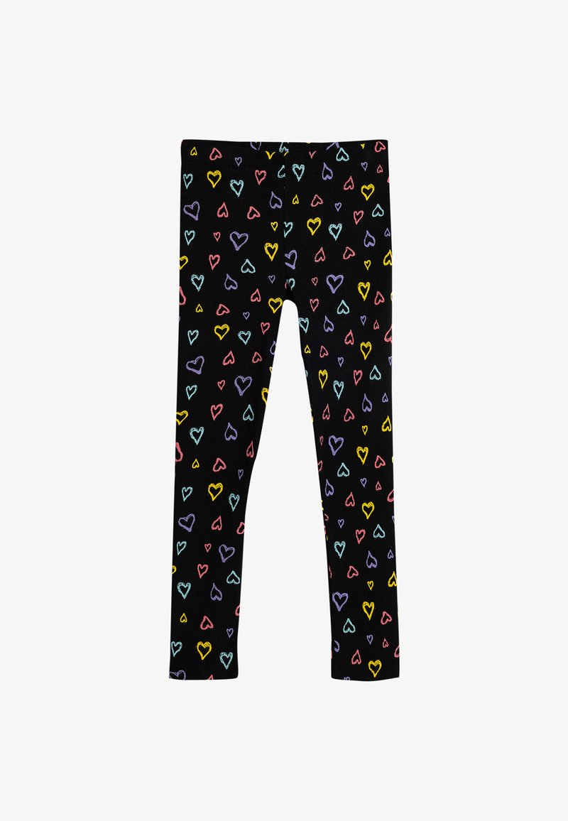Zwarte leggings met een patroon van kleurrijke harten in roze, geel, blauw en paars. Gemaakt van een rekbare, zachte stof.