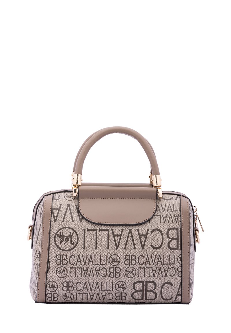 Borsa beige con forma strutturata, caratterizzata da stampa con logo, manico superiore e hardware dorato. Texture liscia con chiusura a patta.