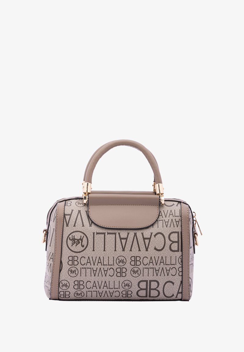 Beige handtas met een gestructureerde vorm, met logo-opdruk, een bovenhandvat en gouden hardware. Gladde textuur met een klepsluiting.