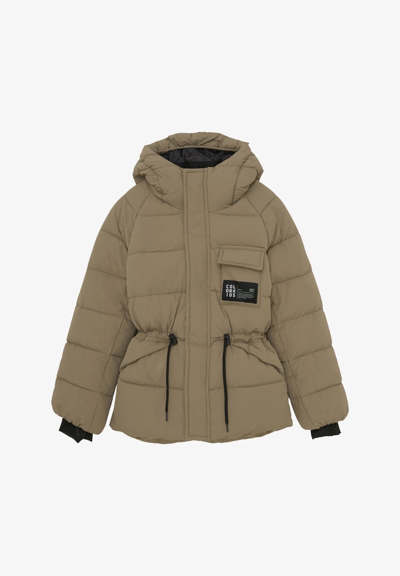 Pruun puffjakker, millel on kapuuts, soonikkoes käised, elastne kummivöökoht ja küljetasku, millel on must silti detail. Tekstuuriga tikandiga disain.