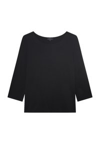 Schwarzes Oberteil mit drei Viertelärmeln und weitem, rundem Ausschnitt. Hergestellt aus glattem Stoff, zeichnet sich durch ein schlichtes Design ohne sichtbare Muster oder Akzente aus.