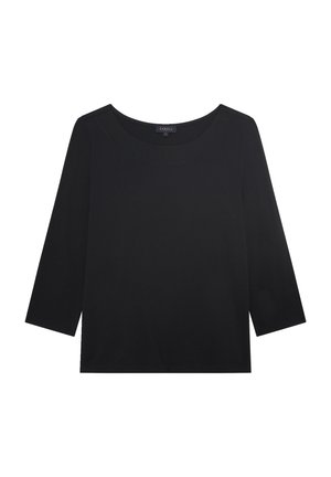 Zwarte top met driekwartmouwen en een brede, rond de hals uitgesneden halslijn. Gemaakt van een gladde stof, met een eenvoudig ontwerp en geen zichtbare patronen of accenten.