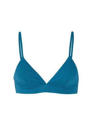 Bralette a triangolo in tonalità teal, con tessuto texture, sottili spalline regolabili e un design semplice senza imbottitura né ferretti.