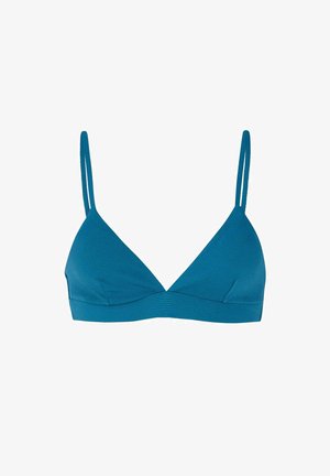 Driehoek bralette in teal, met een gestructureerde stof, dunne verstelbare bandjes en een eenvoudig ontwerp zonder padding of beugel.